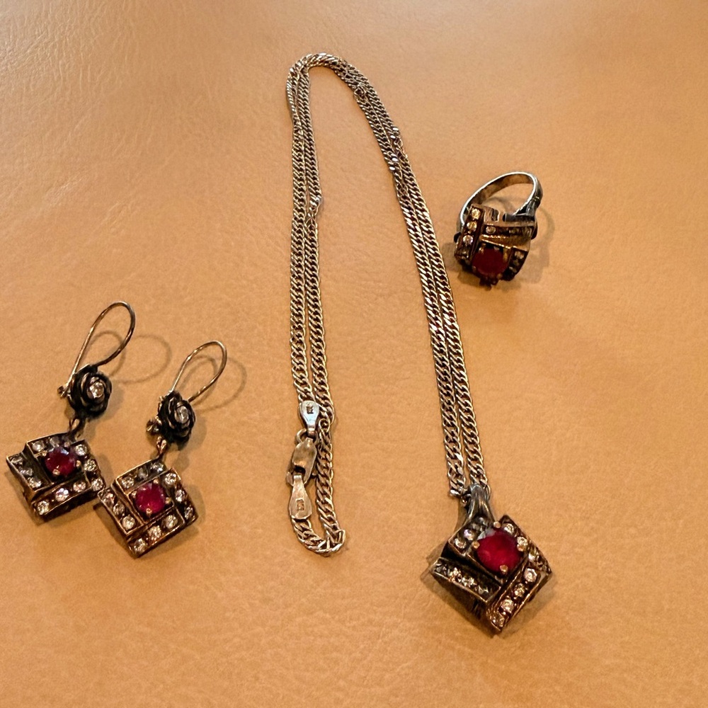 Sterling Silver Red Stone Necklace, Earrings & Ring Set